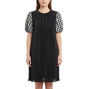 Ann Hobbs For Cattiva Womens Black Pleated Dress W/ Puff Sleeves Checked Sz M